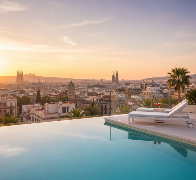 Appart hotel Barcelone : vue panoramique depuis une piscine sur le toit avec des chaises longues, face aux toits de la ville au coucher du soleil. Appart hotel Barcelone : vue panoramique depuis une piscine sur le toit avec des chaises longues, face aux toits de la ville au coucher du soleil.